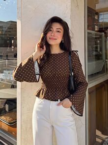 Serisse Women's Polka Dot Pattern Bell Sleeve Knot Round Neck Ruffle Hem Blouse - Brown - View 1