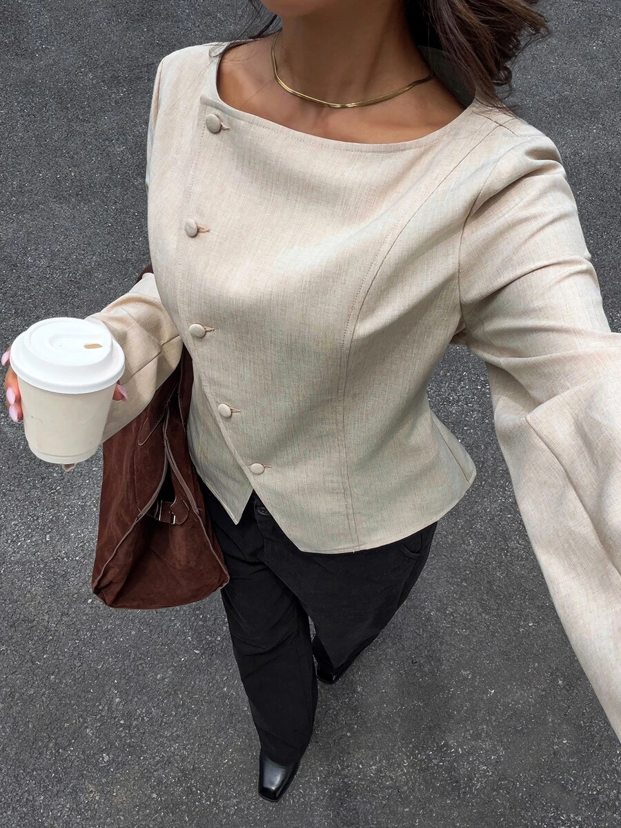 Siren Gaze Women's Fashion Beige Short Asymmetrical Jacket Suitable For Work Or Date (Autumn/Winter) - Apricot - View 1
