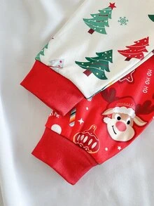 Loomiva Baby Boy Snug Fit Pajama Set, Christmas Pattern Christmas Tree Santa Claus Gingerbread Man Red Color Scheme Crew Neck Long Sleeve Pullover Top & Fitted Pants 2-Piece Set - Grey - View 9
