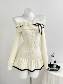 Elamini Women's Autumn/Winter Sexy Sweet Party Dress Off-Shoulder Sweater Dress For Photo Shoots - Apricot - View 4