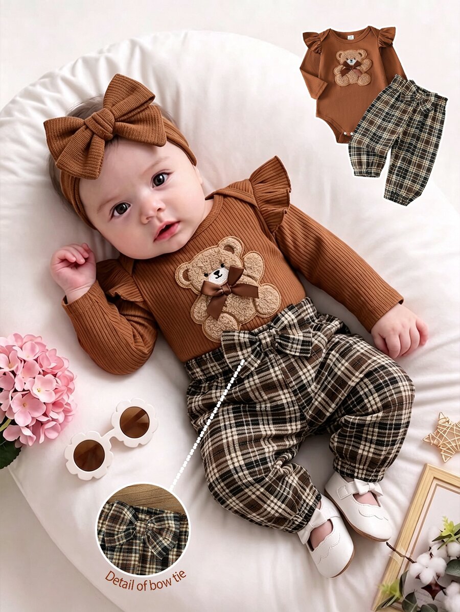SHEIN Playful Pals 女嬰套裝 時尚簡約長袖荷葉邊連身衣 棕色格紋可愛蝴蝶結休閒褲 春季 - 棕色 - 查看 1