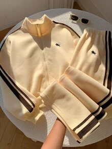 Comfortcana Women's Streetwear Embroidered Zip-Up Jacket & Striped Colorblock Pants 2pcs Set - Light Yellow - View 5