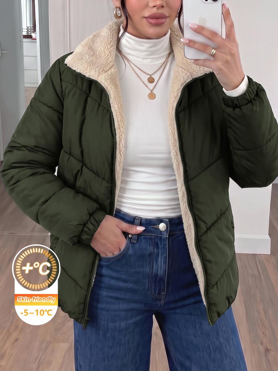 SHEIN Frenchy 大尺碼女款保暖內裡拉鍊口袋長袖加厚外套 冬季 - 軍綠色 - 查看 1