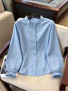INAWLY Women's Solid Color Casual Versatile Daily Long Sleeve Shirt - Blue - View 1