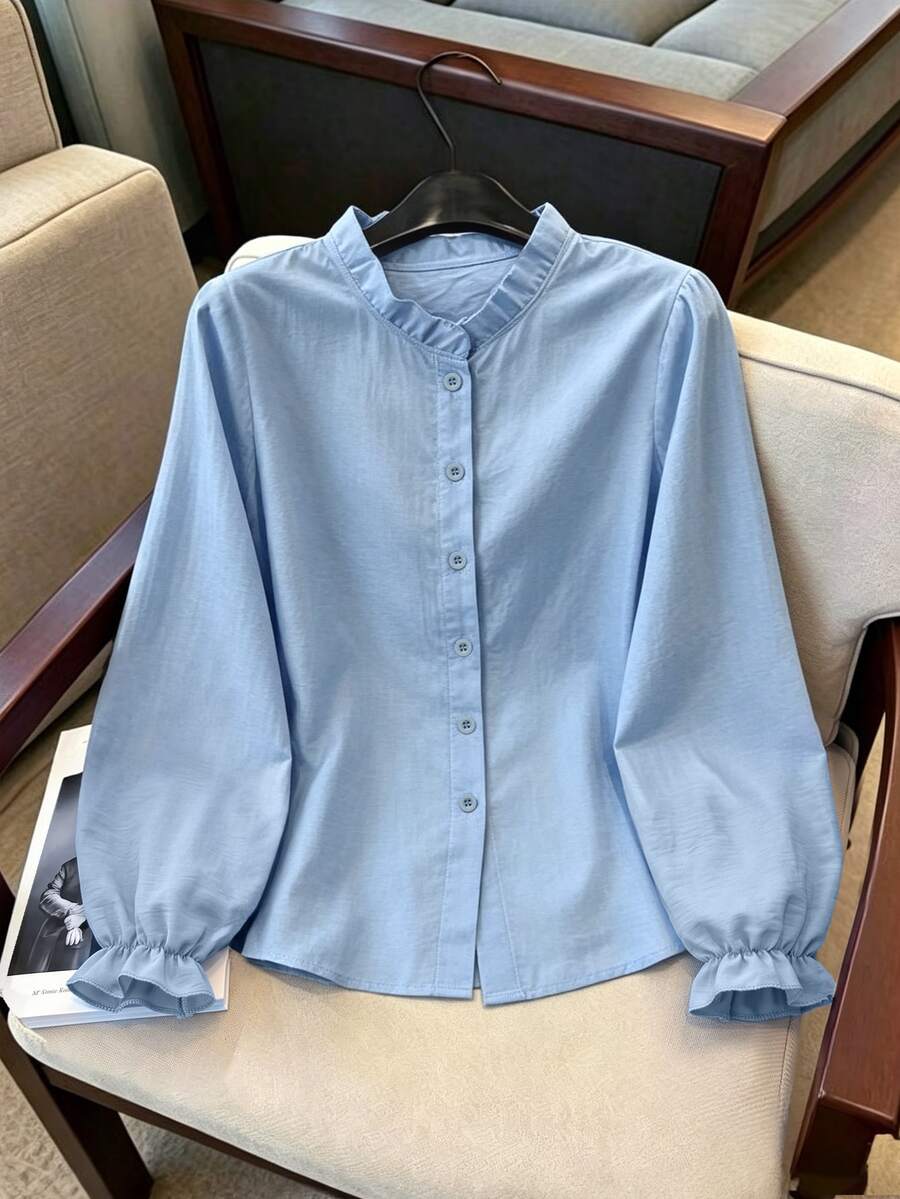 INAWLY Women's Solid Color Casual Versatile Daily Long Sleeve Shirt - Blue - View 1