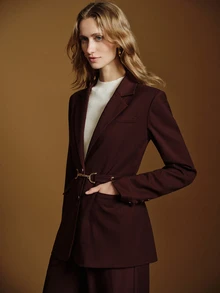 Anewsta Essential Anewsta Elegant Women's Metal Chain Decor Waist Belt Adjustable Silhouette Commuter Blazer Jacket - Burgundy - View 3