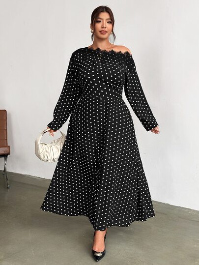 Firerie Asymmetrical Shoulder Black & White Polka Dot Cinched Waist Full Flare Elegant Casual Dress/Spring Autumn Vintage Plus Size Dress