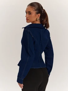 SHEIN BAE Women's Sexy V-Neck Metal Buckle Denim Jacket - Blue - View 2