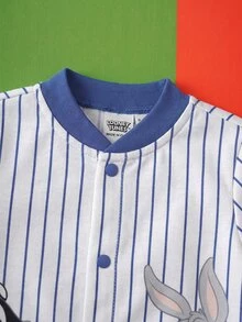 LOONEY TUNES X SHEIN Baby Boy Cartoon Pattern Striped Casual Daily Short Sleeve Romper - Blue - View 3
