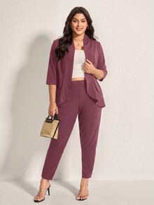 Comfylo Plus Size Women Solid Color 3/4 Sleeve Blazer And Pants 2 Pieces Office Suit, Business Casual Woman - Dusty Purple - View 3