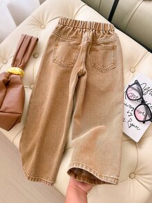 SHEIN ChillGRL Young Girl Denim Summer Jeans Washed Gray, Frill Trim & Flower Bud Waist Design, Cute Floral Rabbit Embroidery Wide Leg Denim Pants - Multicolor - View 2