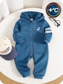 SHEIN 布料紅色男嬰連帽長袖拉鍊連身衣 秋冬連身褲 - 霧霾藍 - 查看 3