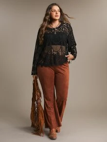 Freevana Plus Size Women Fashion Party Lace Long Sleeve Blouse - Black - View 7