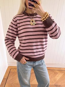 SHEIN EZwear 海外長袖寬鬆草莓巧克力條紋女款毛衣，秋季毛衣，適合日常通勤、派對、秋冬春夏、聖誕節、新年、感恩節、派對、婚禮、海灘、畢業典禮、優雅、外出、約會、通勤、情人節、度假、Y2K、畢業典禮等場合 - 彩色 - 查看 5