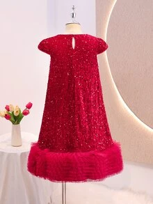 Tween Girls Red Knit Ribbed Turtleneck Loose Waist For Christmas Party Dress Winter Clothes - Red - View 2