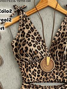 SHEIN Franclia Women's Ruched Back Camisole & Shorts Leopard Print Casual Set - Brown - View 3