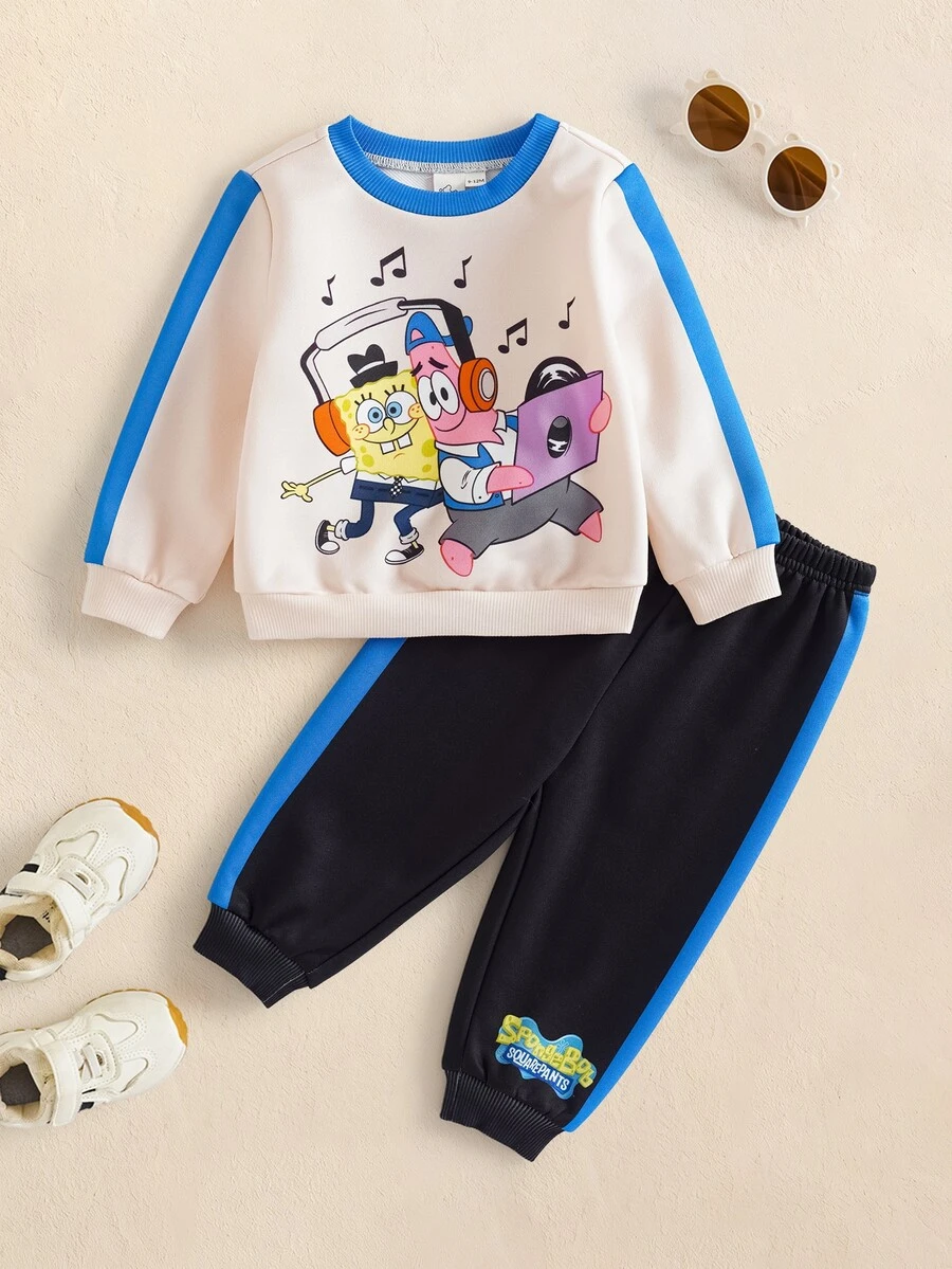 SpongeBob SquarePants | SHEIN Bộ quần áo bé trai họa tiết hoạt hình gồm áo nỉ dài tay và quần nỉ phong cách thường ngày - Màu be - Xem 1