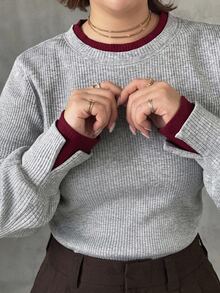 Dazy Plus Colorblock Patchwork Cuff Loose Casual Baggy Pullover Long Sleeve T-Shirt Homewear Vacation Grey - Grey - View 5
