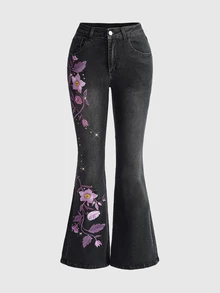 ROMWE Hippie 女款復古花卉刺繡超低腰水洗喇叭褲牛仔褲 - 黑色 - 查看 1