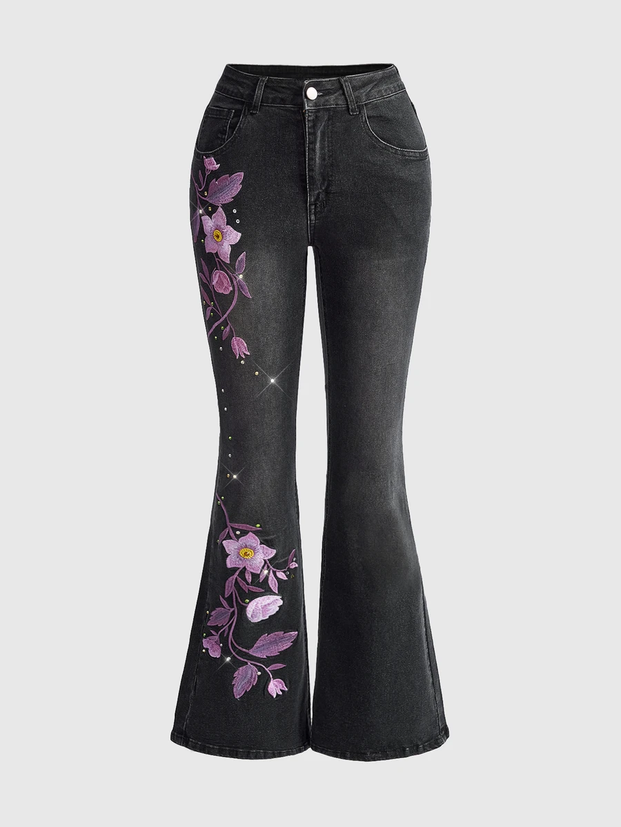 ROMWE Hippie 女款復古花卉刺繡超低腰水洗喇叭褲牛仔褲 - 黑色 - 查看 1
