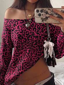 SHEIN EZwear 女款豹紋休閒百搭日常穿著運動衫 - 紅色 - 查看 6