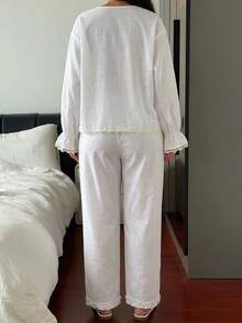 Dazy Plus 2pcs Lace Patchwork Casual Minimalist Long Pants Home Wear Spring Autumn Pajama Set - White - View 5
