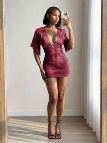 EgrlEra Deep V Sexy Ruched Bodycon Dress With Bell Sleeves, Ribbon & Beaded Embellishments - Burgundy - View 3