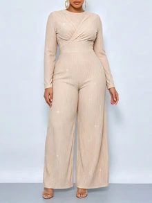 SOLERSUN Plus Size Women's Autumn/Winter Casual Commute Party Textured Elastic Sequin Fabric Round Neck Long Sleeve Ruched Wide Leg Jumpsuit Fall - Apricot - View 7