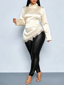 SOLERSUN Plus Size Satin High Neck Long Sleeve Blouse Asymmetrical Lace Office Brunch Date Daily Streetwear - Apricot - View 2