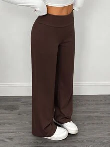 SHEIN PETITE 2件組女款休閒極簡高腰摺疊寬腿直筒長褲，適合夏季 - 彩色 - 查看 8