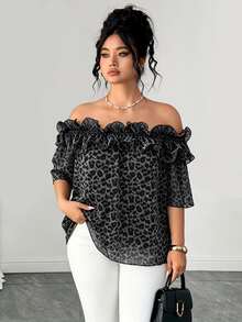 Elenzga Elegant Lady Commute Leopard Print Ruffle Trim Ruffle Short Sleeve Chiffon Plus Size Women Blouse Spring Summer Vacation Beach - Grey - View 4