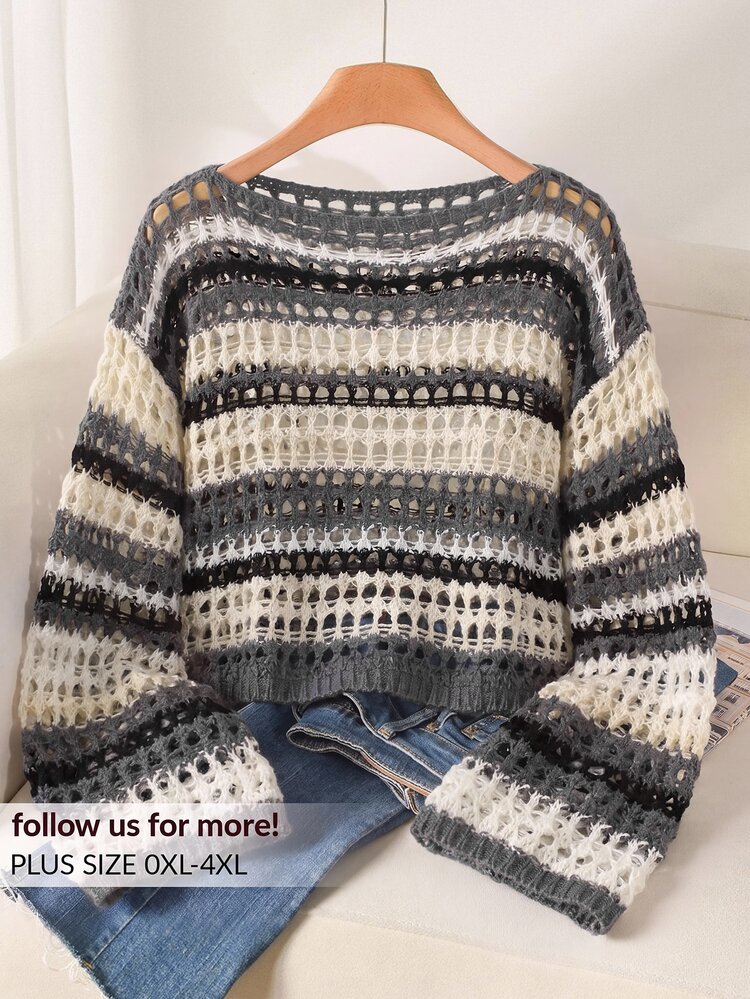 CosyJoli Plus-Size Casual Blue And White Striped Hollowed-Out Boat Neck Loose Short Pullover Long-Sleeved Sun Protection Sweater Fall - Dark Grey - View 10