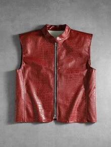ROMWE MEN Áo vest thời trang nam màu trơn cổ đứng nhỏ có khóa kéo - Đỏ - Xem 1