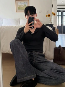 DAZY 男士白色羅紋布料長袖圓領半開扣純色T恤 - 黑色 - 查看 4