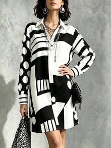 INAWLY Women's Loose Casual Long Sleeve Geometric Pattern Lapel Dress - Multicolor - View 3