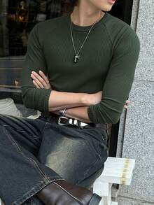 DAZY Olive Green Slim Fit Ribbed Elastic Fabric Men's Crew Neck Long Sleeve T-Shirt, Spring/Autumn - Olive Green - View 5