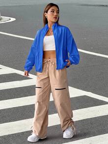 SHEIN EZwear 秋冬款拉鍊式落肩夾克外套 - 寶藍色 - 查看 3
