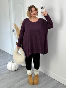 SHEIN CURVE+ 大尺碼女款休閒羅紋長袖T恤，秋冬紫色不對稱下擺，適合5XL-8XL尺寸 - 紫色 - 查看 5