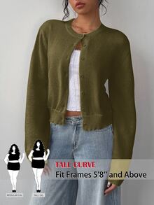 SHEIN Tall CURVE 大尺碼女款純色休閒百搭日常穿搭針織開襟衫 冬季 - 軍綠色 - 查看 6