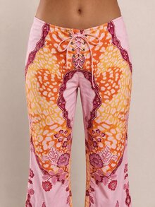 MUSERA 孔雀印花繫帶直筒印花牛仔褲 Coo 秋季 - 粉色 - 查看 5