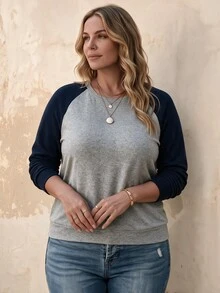 EMERY ROSE Plus Size Women Hot Selling Elegant Elegant Solid Color Contrast Regular Round Neck Raglan Long Sleeve Sweatshirt, Minimalist Cut Slimming Design, Suitable For Daily Commute, Outdoor Outings, Home Wear Shirt - Multicolor - View 4