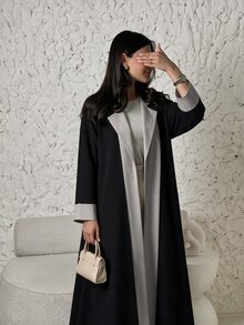 Yasmyna Women Black Grey Contrast Lapel Front Wide Sleeve Open Front Abaya Coat Dubai Middle East Fall Formal Kaftan Robe - Multicolor - View 10