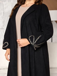 Al Najma Plus Size Women's Long Sleeve Bow Lace Loose Versatile Warm Autumn/Winter Arabic Abaya Cardigan - Black - View 2