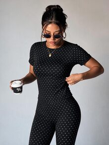 SHEIN Dewbera Women's Polka Dot Print Round Neck Short Sleeve Top & Long Pants Sports Set - Black - View 3