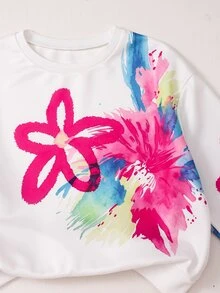 SHEIN Sparklyn 青少年女孩花卉數位印花衛衣與工裝褲兩件套，街頭風寬鬆套頭上衣搭配翻蓋口袋寬腿休閒運動套裝 - 彩色 - 查看 5