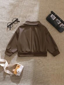 SHEIN 女嬰棕色PU皮革夾克，幼兒時尚拉鍊飛行員外套，配羅紋飾邊與翻領，適合嬰兒的酷秋季外套 - 咖啡棕 - 查看 2