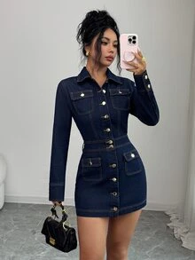 Elenzga Women's Collared Casual Daily Summer Denim Dress - Dark Wash - View 1
