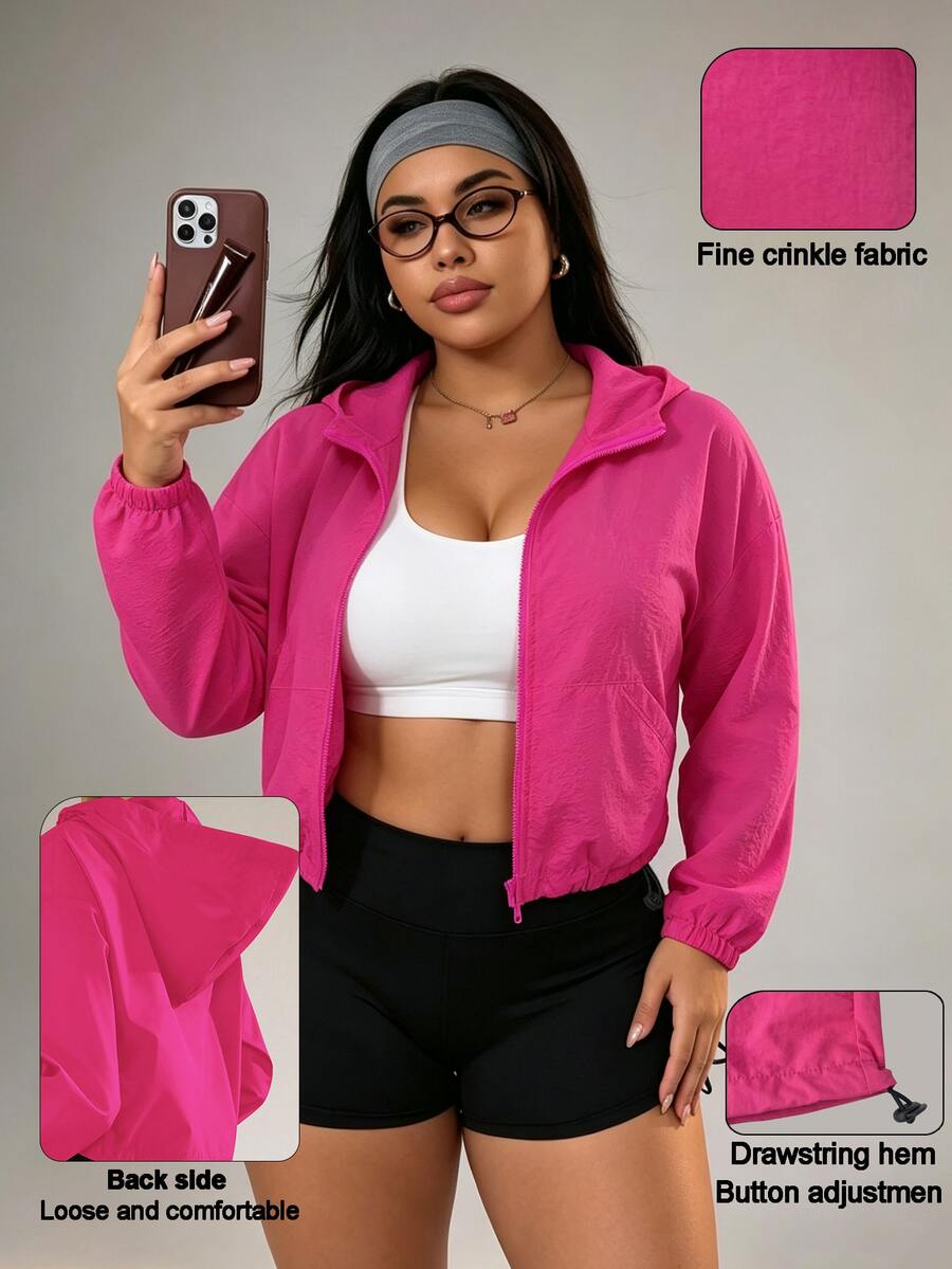 SHEIN Unity جاكيت رياضي نسائي مقاس كبير بتصميم بسيط مع جيب وسحاب وغطاء رأس - روز أحمر - مشاهدة 1