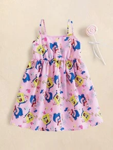 SpongeBob SquarePants | SHEIN Young Girl Vacation Cartoon Print Spaghetti Strap Dress - Pink - View 1