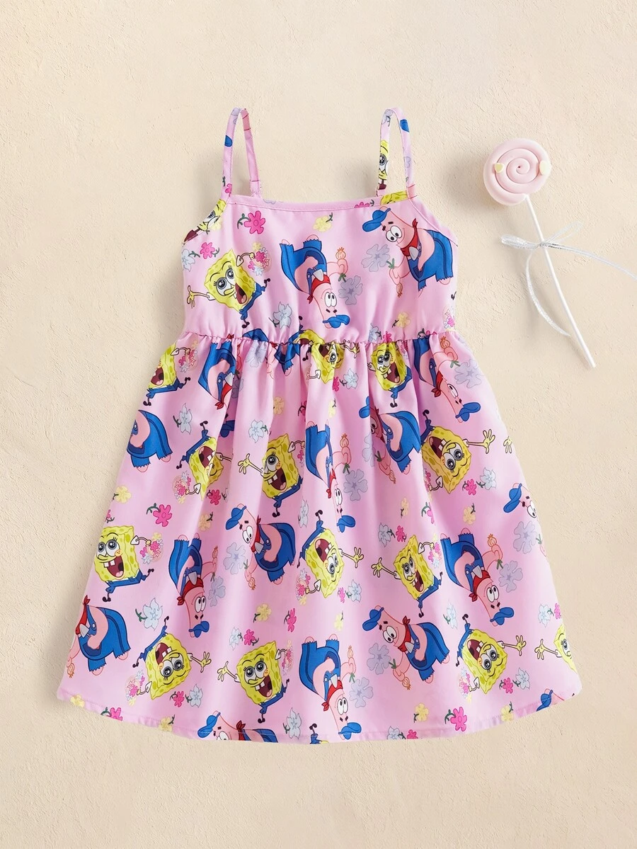 SpongeBob SquarePants | SHEIN Young Girl Vacation Cartoon Print Spaghetti Strap Dress - Pink - View 1